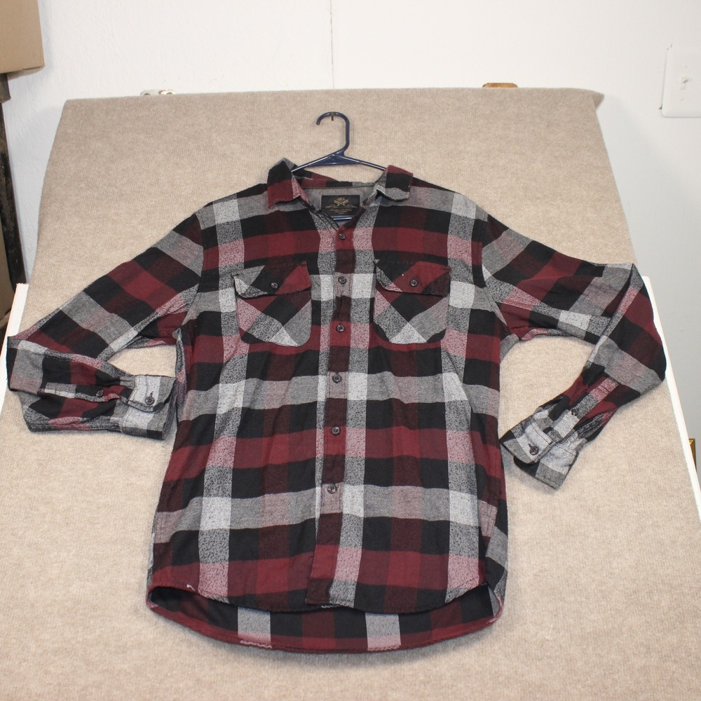MBX Enjoy The Journey Mens Medium Flannel Shirt Burgundy Black Plaid Button Down